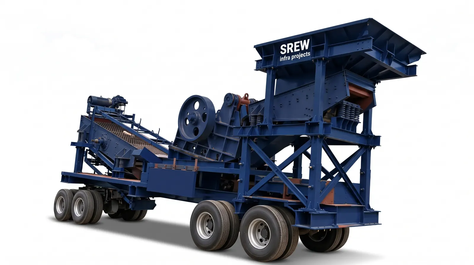 Tyre-mounted mobile jaw crushing plant built by SREW Projects