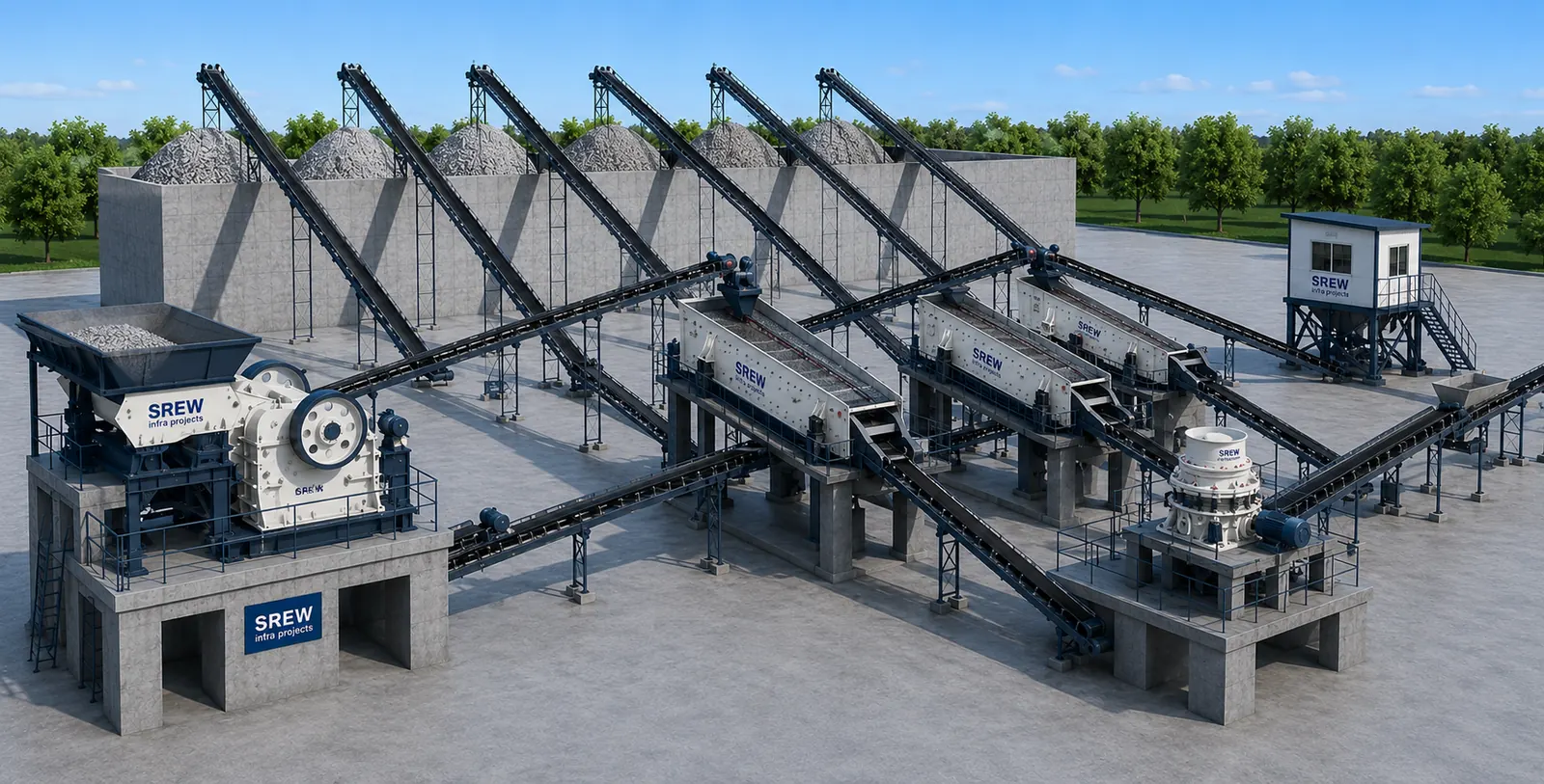 Stone crusher plant with conveyors and screens, built by SREW Projects