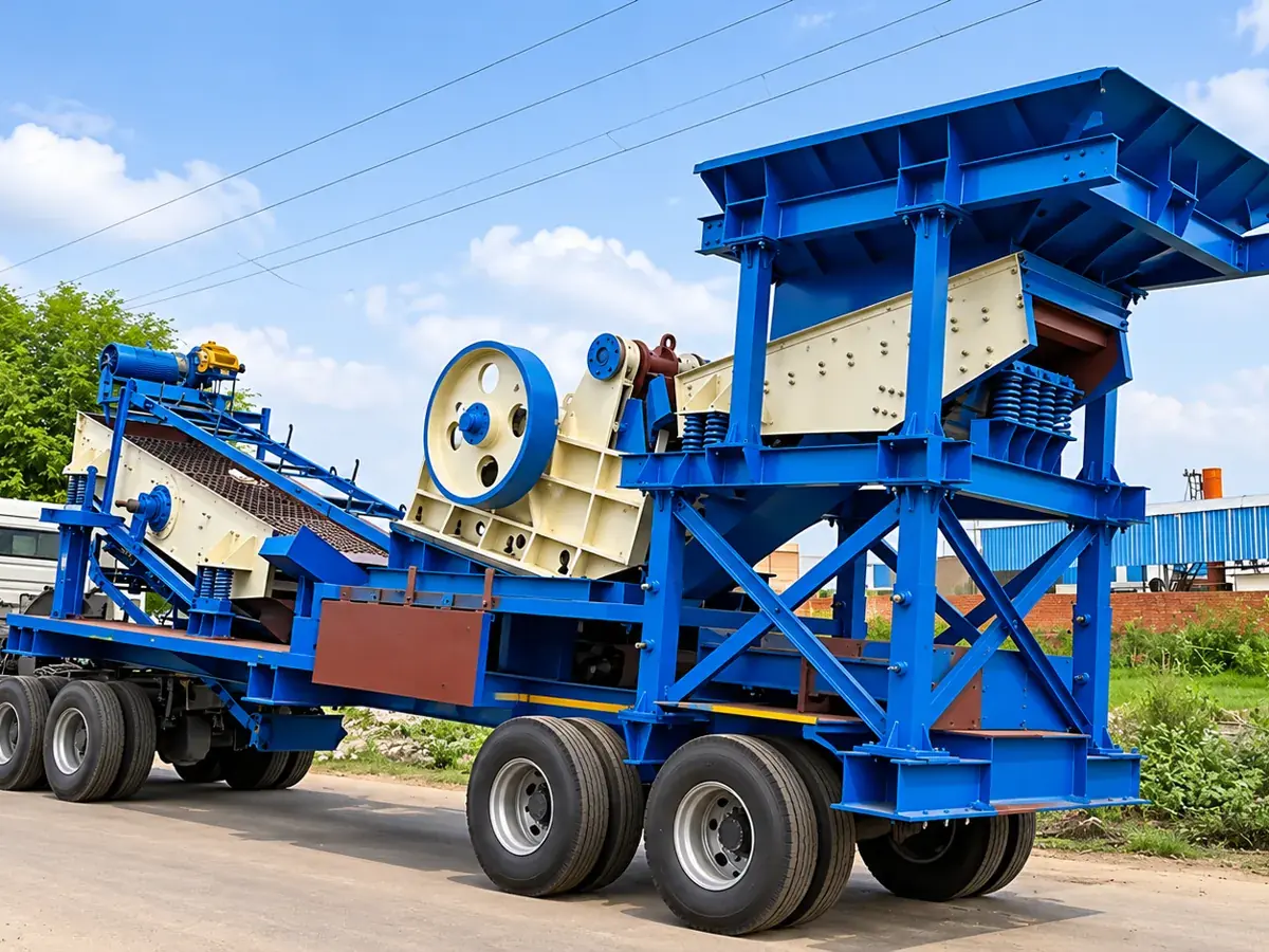 Wheel-mounted mobile crushing unit for on-site concrete recycling